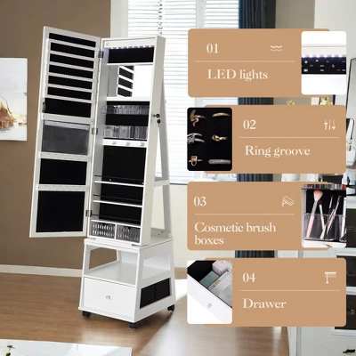 Jewelry Organizer Cabinet With Full-Length Mirror,360° Rotating Vanity Mirror,Large Jewelry Armoire With Led& Shelves 4 Jewelry Organizer Cabinet With Full-Length Mirror,360° Rotating Vanity Mirror,Large Jewelry Armoire With Led& Shelves - Image 2
