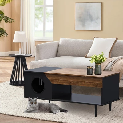 45'' Black Coffee Table Cat Tables Living Room With Storage Drawer, Wooden Rustic Coffee Tables With Cat House 10 45'' Black Coffee Table Cat Tables Living Room With Storage Drawer, Wooden Rustic Coffee Tables With Cat House - Image 8