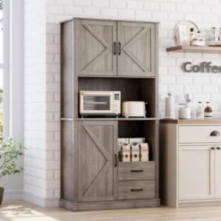 Pantry Cabinet With 2 Drawers And Open Shelves, Tall Freestanding Kitchen Hutch With Microwave Shelf For Dining Room, Living Room -House Beautiful GUEST b37745be f6db 496a aa72 56ba88d45406