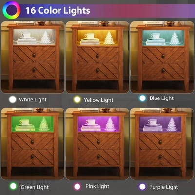 LED Night Stand With 2 Storage Drawers And Stable Wooden Legs, Farmhouse Nightstand W/V-Shaped Design & Open Storage Shelf 5 LED Night Stand With 2 Storage Drawers And Stable Wooden Legs, Farmhouse Nightstand W/V-Shaped Design & Open Storage Shelf - Image 3