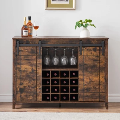 Wine Bar Cabinet,47" Farmhouse Coffee Bar Cabinet With Sliding Barn Door, Buffet Sideboard Cabinet With 16 Bottle Wine Rack 4 Wine Bar Cabinet,47" Farmhouse Coffee Bar Cabinet With Sliding Barn Door, Buffet Sideboard Cabinet With 16 Bottle Wine Rack - Image 2
