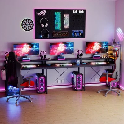 U Shaped Computer Gaming Desk, 79’’ Reversible L Shaped Computer Desk With Power Outlet & LED Strip, Office Desk With Monitor Stand 6 U Shaped Computer Gaming Desk, 79’’ Reversible L Shaped Computer Desk With Power Outlet & LED Strip, Office Desk With Monitor Stand - Image 4