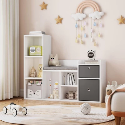 Toy Storage Organizer With Reading Nook, 44.1" Wide Kids Bookshelf, 6-Cubby Bookcase Bench W/ Seat Cushion & 2 Drawers For Nursery, Playroom, Bedroom 4 Toy Storage Organizer With Reading Nook, 44.1" Wide Kids Bookshelf, 6-Cubby Bookcase Bench W/ Seat Cushion & 2 Drawers For Nursery, Playroom, Bedroom - Image 2