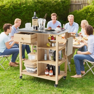 Solid Wood Outdoor Grill Cart Storage Cabinet With Stainless Steel Table Top, Patio Bar Table With Lockable Wheels For Garden And Porch, Natural 4 Solid Wood Outdoor Grill Cart Storage Cabinet With Stainless Steel Table Top, Patio Bar Table With Lockable Wheels For Garden And Porch, Natural - Image 2