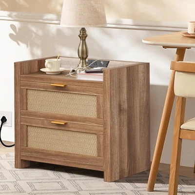 Night Stand Set Of 2 Rattan Nightstands With Charging Station 23.6" Wide Boho Bedside Tables With 2 Drawers Modern Larger Nightstands, Brown 7 Night Stand Set Of 2 Rattan Nightstands With Charging Station 23.6" Wide Boho Bedside Tables With 2 Drawers Modern Larger Nightstands, Brown - Image 5