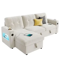84" L-Shaped Sleeper Sofa Couch, Convertible Pull-Out Sofa Bed With Storage Chaise, Charging Station & LED Lights