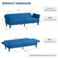 89 Inch Futon Sofa Bed, Modern Chenille Convertible Sleeper Couch With Adjustable Backrest & Armrest