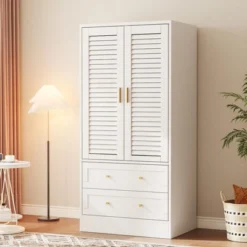 Wooden Armoire Wardrobe Closet - 2 Doors & 2 Drawers, Freestanding Bedroom Storage Cabinet With Shelves 19 Wooden Armoire Wardrobe Closet - 2 Doors & 2 Drawers, Freestanding Bedroom Storage Cabinet With Shelves -House Beautiful GUEST b7e02fa7 cd8a 42f6 a7cb 70b2308f1cbb