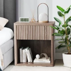 Night Stand Set Of 2 With Fluted Drawer Storage End Table, Mid Century Wood Night Stands