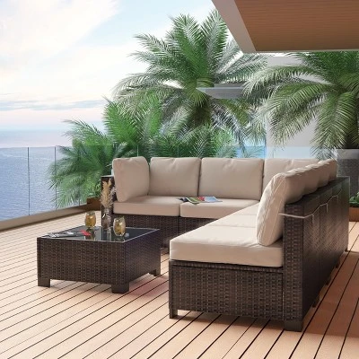 7-Piece Wicker Patio Sofa Set, Outdoor Sectional Couches With Coffee Table And Cushions For Garden And Porch 8 7-Piece Wicker Patio Sofa Set, Outdoor Sectional Couches With Coffee Table And Cushions For Garden And Porch - Image 6