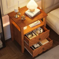 Night Stand With 2 Storage Drawers And Stable Wooden Legs, Farmhouse Nightstand W/V-Shaped Design & Open Storage Shelf -House Beautiful GUEST b90f921b 4d82 4e67 b885 2e3afe0a15c7 1