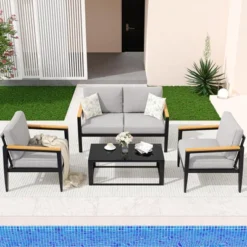 4 Piece Modern Outdoor Conversation Sets With 4 Inch Cushion & 5mm Tempered Glass Table -House Beautiful GUEST b98c5f32 501f 4821 9e37 ed3a2f6ae827