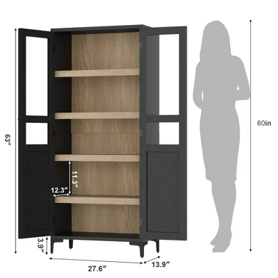 Tall Storage Cabinet With Glass Doors, 63" Height, Adjustable Shelf, Light Oak Wood, Multi-Purpose Organizer 3 Tall Storage Cabinet With Glass Doors, 63" Height, Adjustable Shelf, Light Oak Wood, Multi-Purpose Organizer