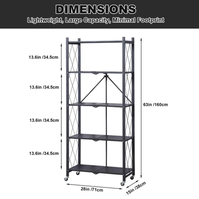 Foldable Storage Shelves With Wheels, 5 Tier Large Capacity Shelving Unit, Freestanding Metal Wire Shelf Rack 4 Foldable Storage Shelves With Wheels, 5 Tier Large Capacity Shelving Unit, Freestanding Metal Wire Shelf Rack - Image 2
