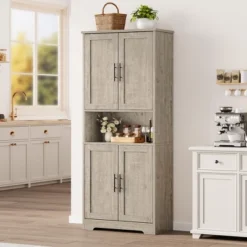 70 Inch Tall Kitchen Pantry Cabinet, Freestanding Storage Cabinet With 4 Doors And Adjustable Shelves, Utility Hutch Cupboard