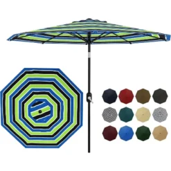 9ft Patio Umbrella, Outdoor Table, UV, Fade, Water Resistant, Crank Lift, Tilt, 8 Ribs, Metal Frame, Tricolor Stripe 15 9ft Patio Umbrella, Outdoor Table, UV, Fade, Water Resistant, Crank Lift, Tilt, 8 Ribs, Metal Frame, Tricolor Stripe -House Beautiful GUEST bb12d260 80b4 4ce3 b301 abcb96ad5e3a