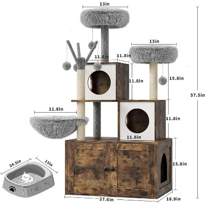 2-in-1 Cat Tree Tower With Litter Box Enclosure - Multi-Level Condo With Scratching Posts, Hammock & Plush Perch For Climbing, Scratching 3 2-in-1 Cat Tree Tower With Litter Box Enclosure - Multi-Level Condo With Scratching Posts, Hammock & Plush Perch For Climbing, Scratching