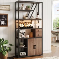 Wine Bar Cabinet With LED Lights, Tall Coffee Bar Station With Power Outlets And Wine Rack -House Beautiful GUEST bc18cb14 8e59 45ed b692 521823abd363