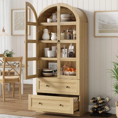72" Tall Arched Kitchen Pantry Cabinet, Farmhouse Pantry Storage Cabinet With 2 Drawers & Glass Door, Freestanding Versatile Pantry Cabinets 12 72" Tall Arched Kitchen Pantry Cabinet, Farmhouse Pantry Storage Cabinet With 2 Drawers & Glass Door, Freestanding Versatile Pantry Cabinets - Image 10
