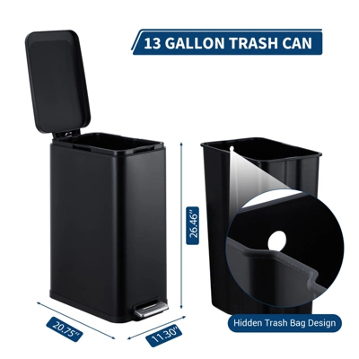 13 Gallon Kitchen Trash Can, Stainless Steel, Step On Pedal, Soft Close Lid, Fingerprint Proof, Brushed Finish, Silver 4 13 Gallon Kitchen Trash Can, Stainless Steel, Step On Pedal, Soft Close Lid, Fingerprint Proof, Brushed Finish, Silver - Image 2