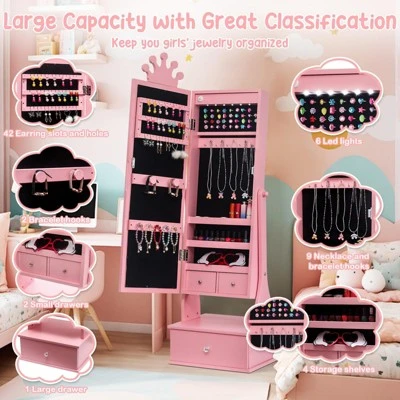 Kids Jewelry Armoire Cabinet With Full-Length Mirror, 46" Jewelry Armoire With Led Light, Jewelry Organizer With 3 Storage Drawers 8 Kids Jewelry Armoire Cabinet With Full-Length Mirror, 46" Jewelry Armoire With Led Light, Jewelry Organizer With 3 Storage Drawers - Image 6