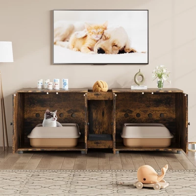 Cat Litter Box Enclosure 55.1" Double Litter Box Furniture Large Cat Box Enclosure Kitty Litter Box 4 Cat Litter Box Enclosure 55.1" Double Litter Box Furniture Large Cat Box Enclosure Kitty Litter Box - Image 2