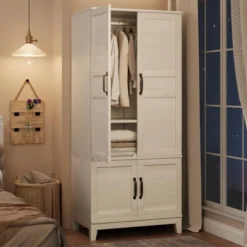 Armoire Wardrobe Closet With 4 Doors,72" Wooden Wardrobe Cabinet With Hanging Rod, Freestanding Tall Clothing Armoire Cabinet W/ 18 Adjustable Shelves -House Beautiful GUEST be97d518 3649 4478 9fd2 0cb541262c39