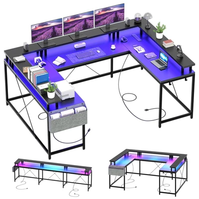 U Shaped Computer Gaming Desk, 79’’ Reversible L Shaped Computer Desk With Power Outlet & LED Strip, Office Desk With Monitor Stand 5 U Shaped Computer Gaming Desk, 79’’ Reversible L Shaped Computer Desk With Power Outlet & LED Strip, Office Desk With Monitor Stand - Image 3