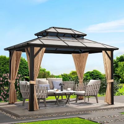 10' X 13' Hardtop Gazebo Metal Gazebo Aluminum Frame, Double Galvanized Steel Roof Curtains Netting Included Pergolas For Patios Garden Parties Khaki 5 10' X 13' Hardtop Gazebo Metal Gazebo Aluminum Frame, Double Galvanized Steel Roof Curtains Netting Included Pergolas For Patios Garden Parties Khaki - Image 3