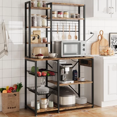 Bakers Rack With Power Outlet, 7-Tier Microwave Stand With Wire Basket, Coffee Bar With 4 S-Shaped Hooks 10 Bakers Rack With Power Outlet, 7-Tier Microwave Stand With Wire Basket, Coffee Bar With 4 S-Shaped Hooks - Image 8