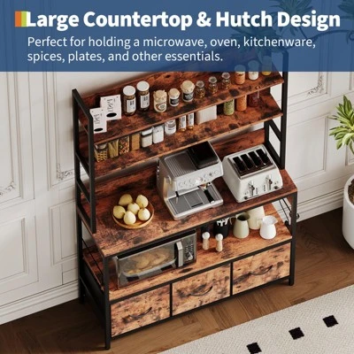 5-Tier Kitchen Bakers Rack With Charging Station & Drawers, Industrial Microwave Stand, Freestanding Farmhouse Coffee Bar 4 5-Tier Kitchen Bakers Rack With Charging Station & Drawers, Industrial Microwave Stand, Freestanding Farmhouse Coffee Bar - Image 2