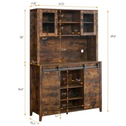 70" Farmhouse Coffee Bar Wine Cabinet With Sliding Barn Doors And Storage, Tall Kitchen Hutch With Wine & Glasses Rack