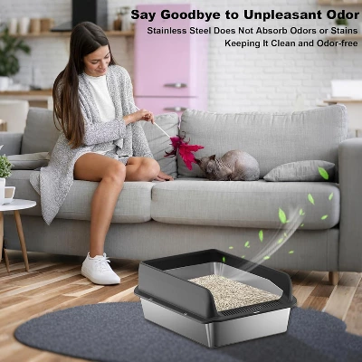 Stainless Steel Cat Litter Box With Scoop And Mats,Open Top High Wall Sided Enclosure Large Metal Cat Litter Box Non-Sticky Easy 6 Stainless Steel Cat Litter Box With Scoop And Mats,Open Top High Wall Sided Enclosure Large Metal Cat Litter Box Non-Sticky Easy - Image 4