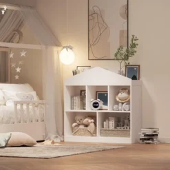 Toy Storage Organizer 5-Cubby Kids Bookshelf, White Wooden Bookcase With Roof Design, Playhouse Cabinet Shelf For Boys And Girls 11 Toy Storage Organizer 5-Cubby Kids Bookshelf, White Wooden Bookcase With Roof Design, Playhouse Cabinet Shelf For Boys And Girls -House Beautiful GUEST c16f425a b28d 4977 856d a30e8360b465