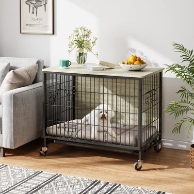 Dog Crate Furniture For Medium Dogs, 32.5" L X 21.9" W X 25.2" H Indoor Kennel With Double Doors, Wheels & Removable Tray 3 Dog Crate Furniture For Medium Dogs, 32.5" L X 21.9" W X 25.2" H Indoor Kennel With Double Doors, Wheels & Removable Tray