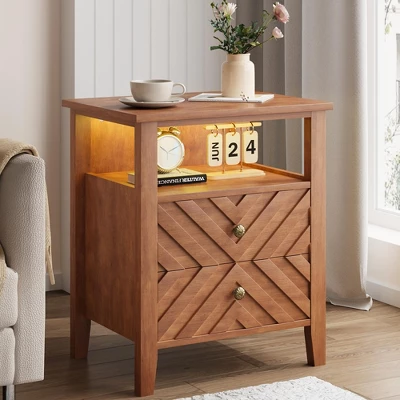LED Night Stand With 2 Storage Drawers And Stable Wooden Legs, Farmhouse Nightstand W/V-Shaped Design & Open Storage Shelf 9 LED Night Stand With 2 Storage Drawers And Stable Wooden Legs, Farmhouse Nightstand W/V-Shaped Design & Open Storage Shelf - Image 7