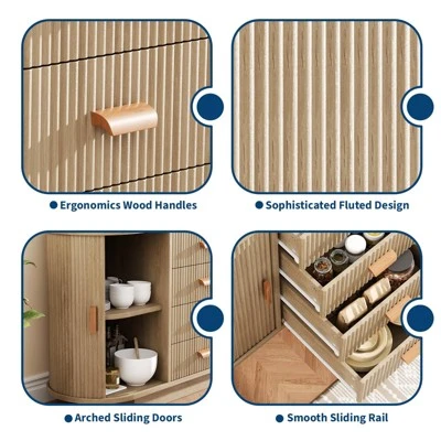 Modern Fluted Sideboard Buffet Cabinet With Storage, Wood Modern 47" Kitchen Storage Cabinet Buffet Table Coffee Bar With Doors 6 Modern Fluted Sideboard Buffet Cabinet With Storage, Wood Modern 47" Kitchen Storage Cabinet Buffet Table Coffee Bar With Doors - Image 4