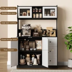 67" Tall Kitchen Hutch Storage Cabinet, Farmhosue Coffee Bar Cabinet With 3 Drawers And LED Lights, Freestanding Food Pantry With Countertop