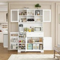 Jojoka Kitchen Pantry Storage Cabinet,Modern Buffet Cabinet With Hutch,Food Pantry With Doors And Shelves For Living Room,White