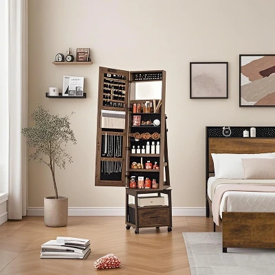 360° Swivel Jewelry Armoire, Floor Standing Full Length Mirror With Rear Storage Shelves, Lockable Jewelry Cabinet With Bottom Drawer And Wheels 9 360° Swivel Jewelry Armoire, Floor Standing Full Length Mirror With Rear Storage Shelves, Lockable Jewelry Cabinet With Bottom Drawer And Wheels - Image 7