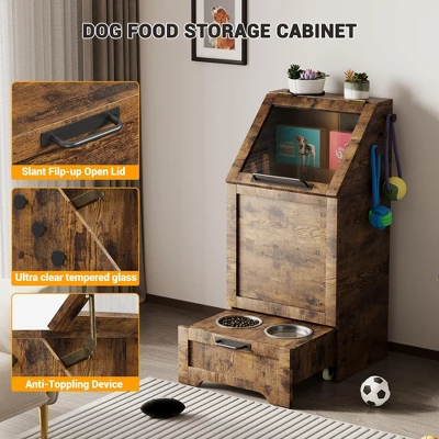 Large Dog Food Storage Cabinet With Flip Top - Pet Feeding Station & Organizer W/Transparent Lid, Side Hooks For Leashes - Multi-Functional Furniture 3 Large Dog Food Storage Cabinet With Flip Top - Pet Feeding Station & Organizer W/Transparent Lid, Side Hooks For Leashes - Multi-Functional Furniture