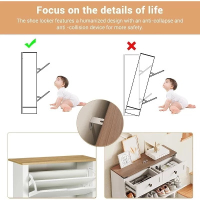 Jojoka 42.3" Tall Farmhouse Shoe Rack, Freestanding Shoe Storage Cabinet, Wooden Shoe Organizer With 2 Flip Drawers And 2 Storage Drawers 4 Jojoka 42.3" Tall Farmhouse Shoe Rack, Freestanding Shoe Storage Cabinet, Wooden Shoe Organizer With 2 Flip Drawers And 2 Storage Drawers - Image 2