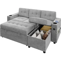 L-Shaped Sleeper Sofa Bed With Pull-Out Mattress, Storage Armrests, Cup Holders & USB, Space Saving Sectional Couch -House Beautiful GUEST c7062cf3 e327 4a76 9344 0b2834f3bed9