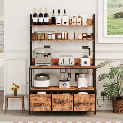 5-Tier Kitchen Bakers Rack With Charging Station & Drawers, Industrial Microwave Stand, Freestanding Farmhouse Coffee Bar 9 5-Tier Kitchen Bakers Rack With Charging Station & Drawers, Industrial Microwave Stand, Freestanding Farmhouse Coffee Bar - Image 7