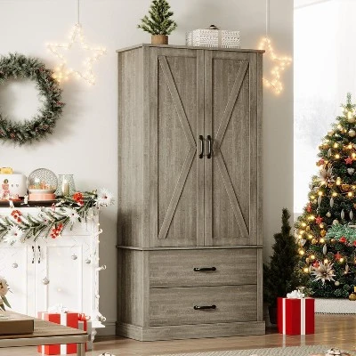 Farmhouse Kitchen Pantry Cabinet With Barn Doors – Rustic Grey Wood Kitchen Cabinet With Drawers & Adjustable Shelves, Versatile Storage, Grey 9 Farmhouse Kitchen Pantry Cabinet With Barn Doors – Rustic Grey Wood Kitchen Cabinet With Drawers & Adjustable Shelves, Versatile Storage, Grey - Image 7
