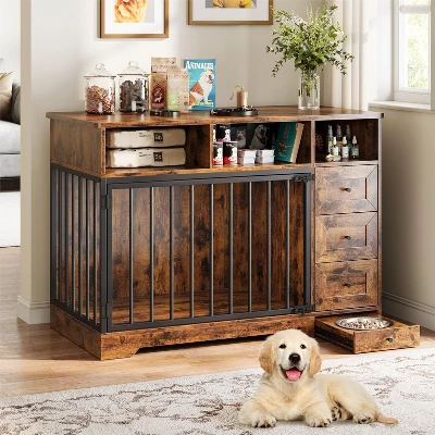 48'' Dog Crate Furniture, Farmhouse Dog Kennel Furniture With Dog Bowl & Storage Drawers 11 48'' Dog Crate Furniture, Farmhouse Dog Kennel Furniture With Dog Bowl & Storage Drawers - Image 9