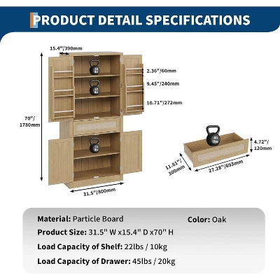 70.1" Pantry Cabinet, Rattan Kitchen Pantry Cabinet With 6 Doors Shelves & 1 Drawer 7 70.1" Pantry Cabinet, Rattan Kitchen Pantry Cabinet With 6 Doors Shelves & 1 Drawer - Image 5