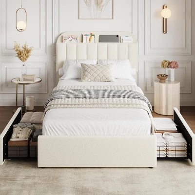 Twin Bed Frame With Storage Headboard, Kids Bed Frame With 2 Drawers, Boucle Upholstered Platform Bed With Bookcase, No Box Spring Needed 6 Twin Bed Frame With Storage Headboard, Kids Bed Frame With 2 Drawers, Boucle Upholstered Platform Bed With Bookcase, No Box Spring Needed - Image 4