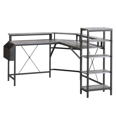 61 Inch L-Shaped Gaming Desk, Ergonomic Computer Desk, With 5-Tier Shelves, LED, Power Outlet & Storage Bag 10 61 Inch L-Shaped Gaming Desk, Ergonomic Computer Desk, With 5-Tier Shelves, LED, Power Outlet & Storage Bag - Image 8