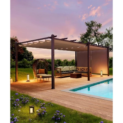 12x20ft Extra Large Aluminum Pergola With Adjustable Canopy, 4-Side Anchoring, Khaki Frame & Curtains, UV & Water Resistant 6 12x20ft Extra Large Aluminum Pergola With Adjustable Canopy, 4-Side Anchoring, Khaki Frame & Curtains, UV & Water Resistant - Image 4